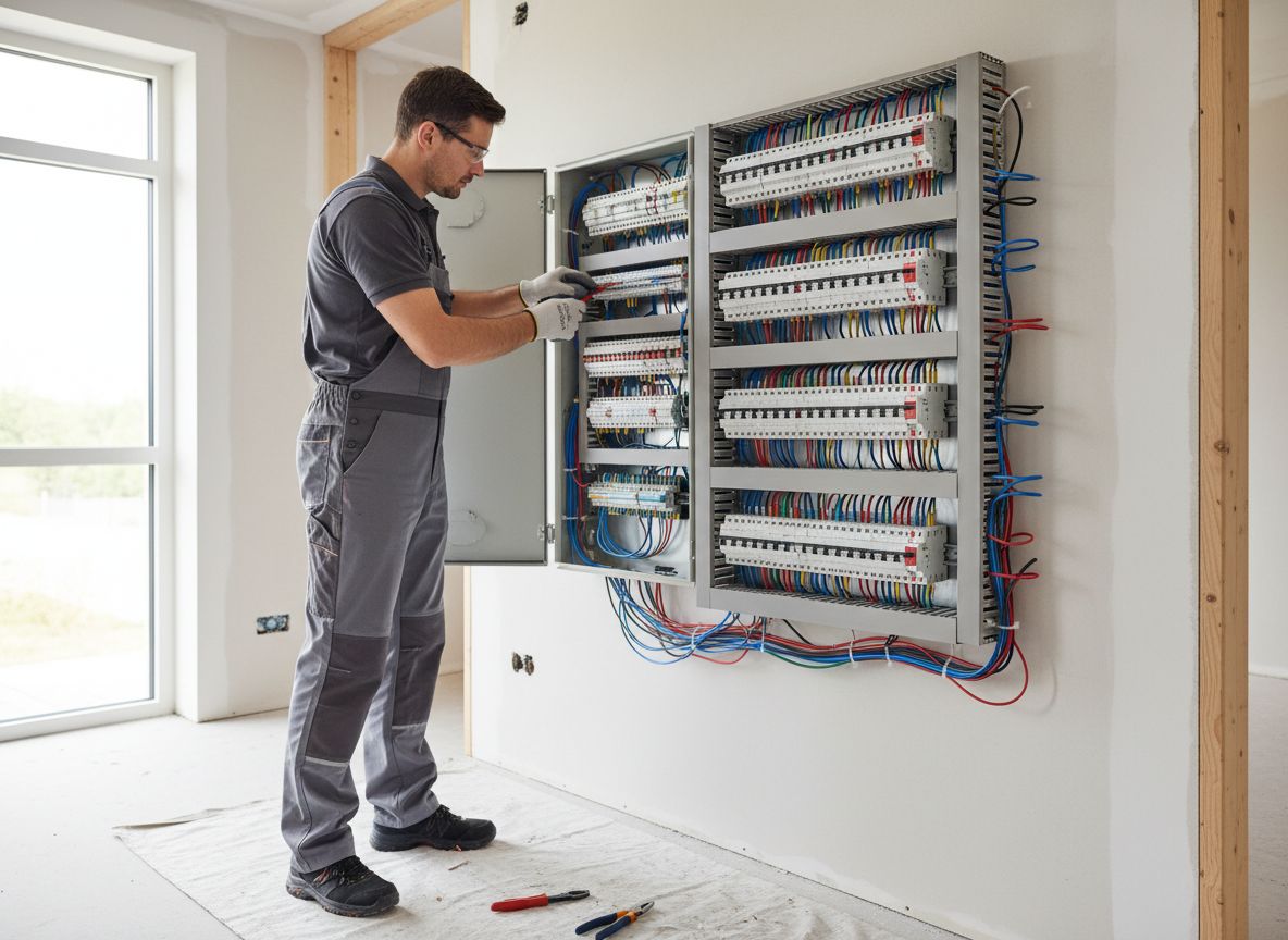 Électricien câblant un tableau électrique neuf