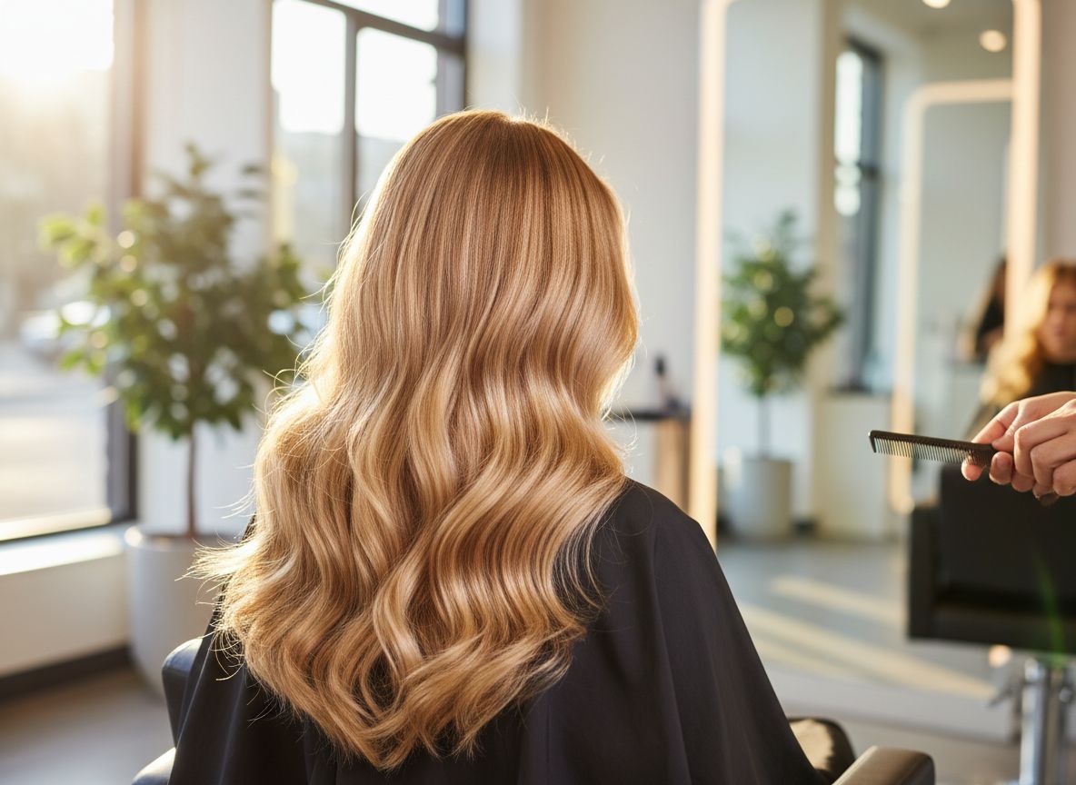 Balayage blond miel sur cheveux longs ondulés