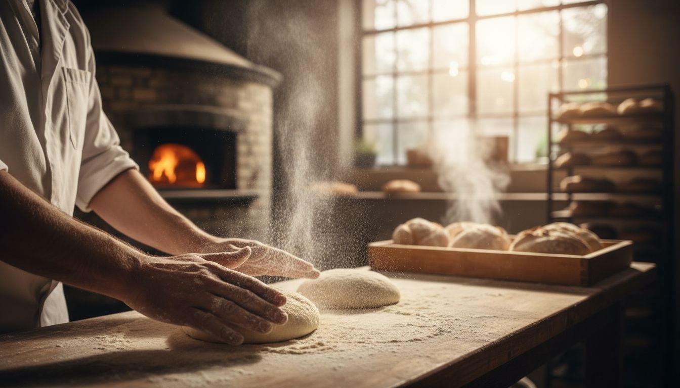Mains du boulanger qui façonnent les pâtons dans la farine