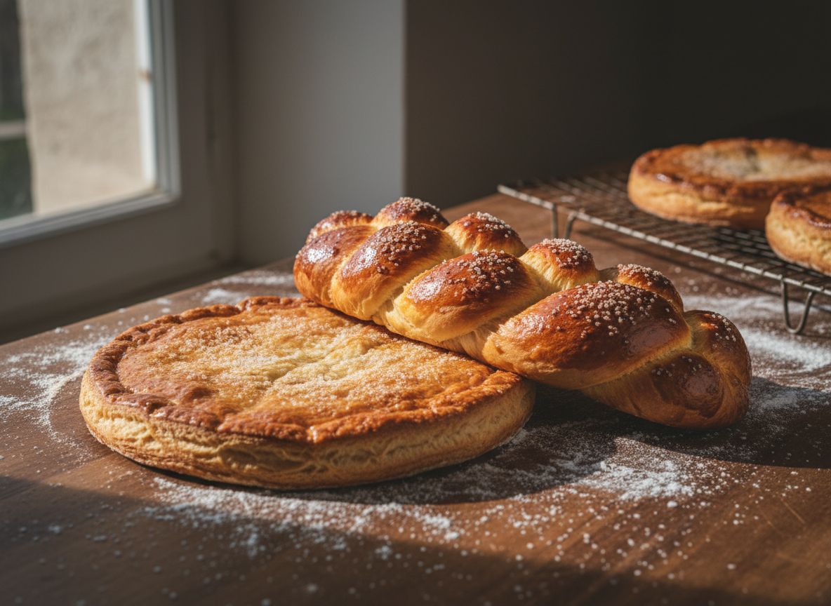 Galette charentaise et brioche tressée sur un plan fariné