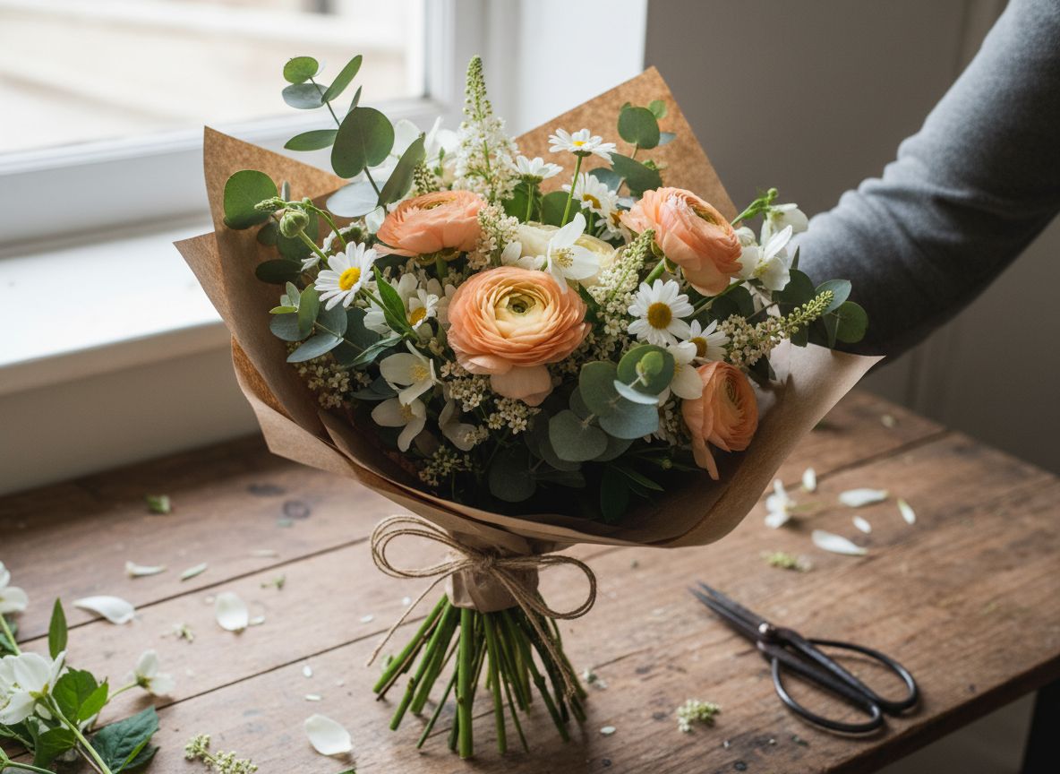 Bouquet champêtre aux renoncules pêche