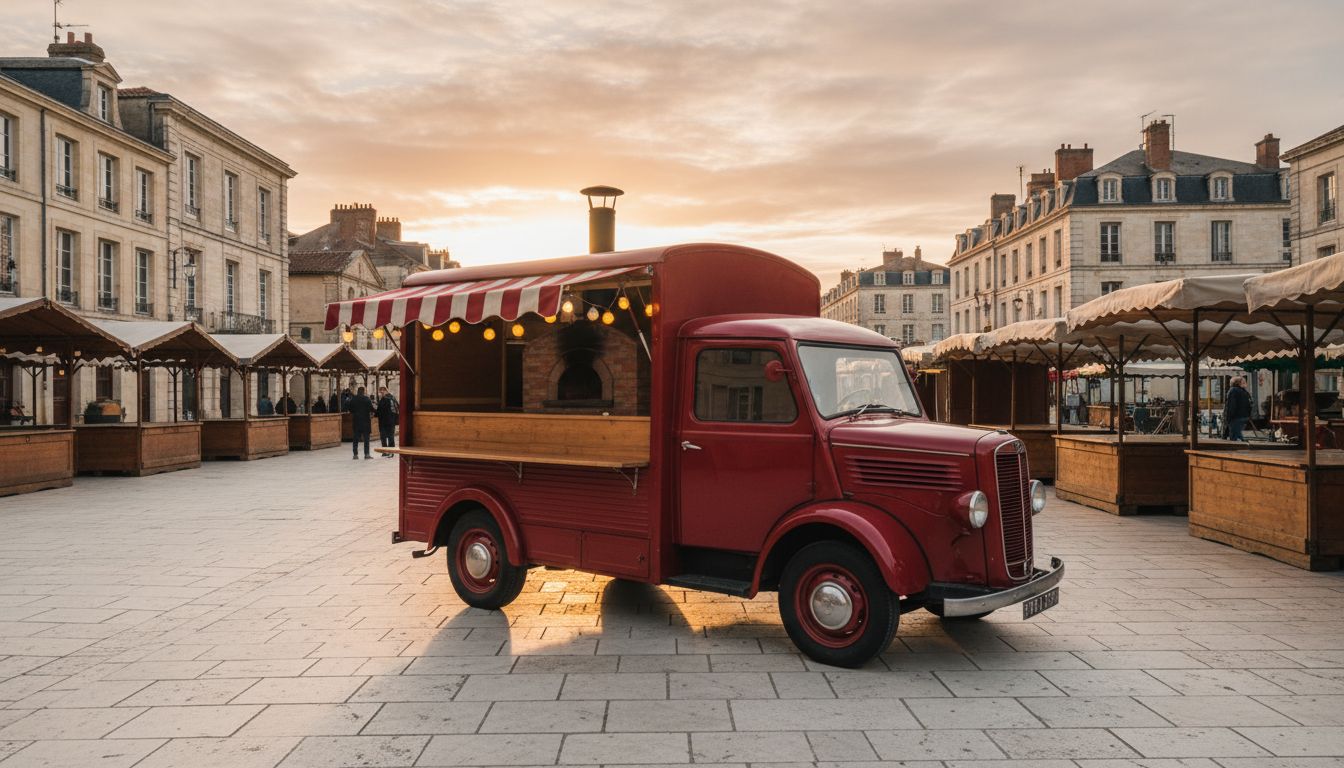 Le camion Fuoco installé sur une place de marché au coucher du soleil