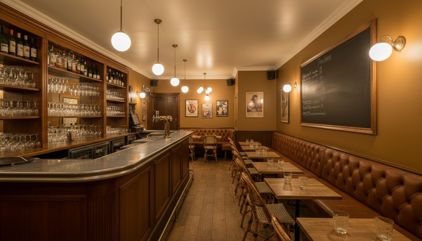 La salle du Comptoir le soir : comptoir en zinc, banquettes en cuir, lumières ambrées