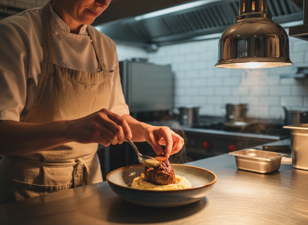 En cuisine, dressage de la joue de bœuf braisée et de la purée maison