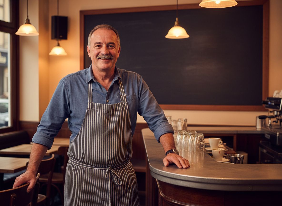 Le patron du Comptoir, souriant derrière son comptoir en zinc