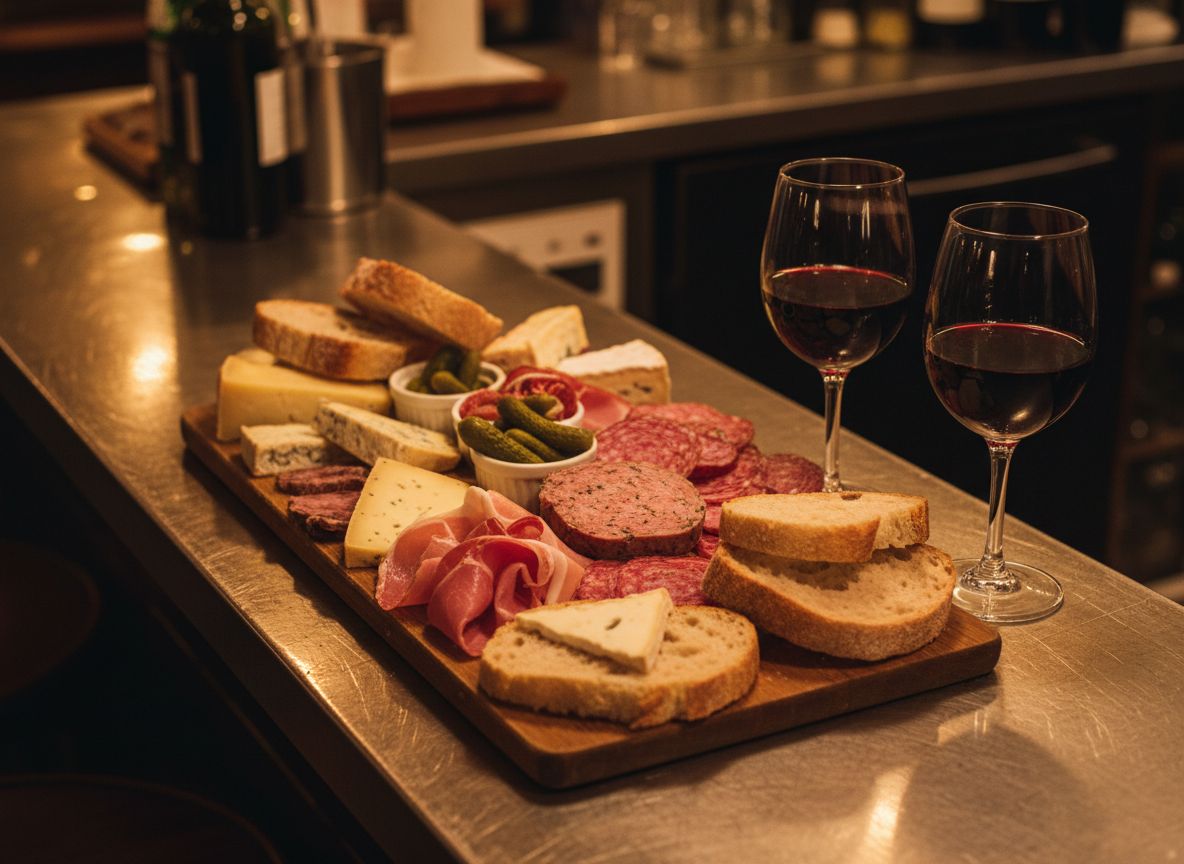 Planche de charcuterie et fromages, deux verres de vin rouge